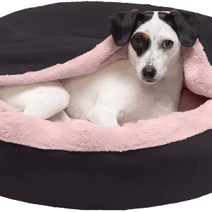 Round Snuggery Hooded Fabric Dog Bed with Attached Blanket