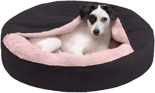 Round Snuggery Hooded Fabric Dog Bed with Attached Blanket